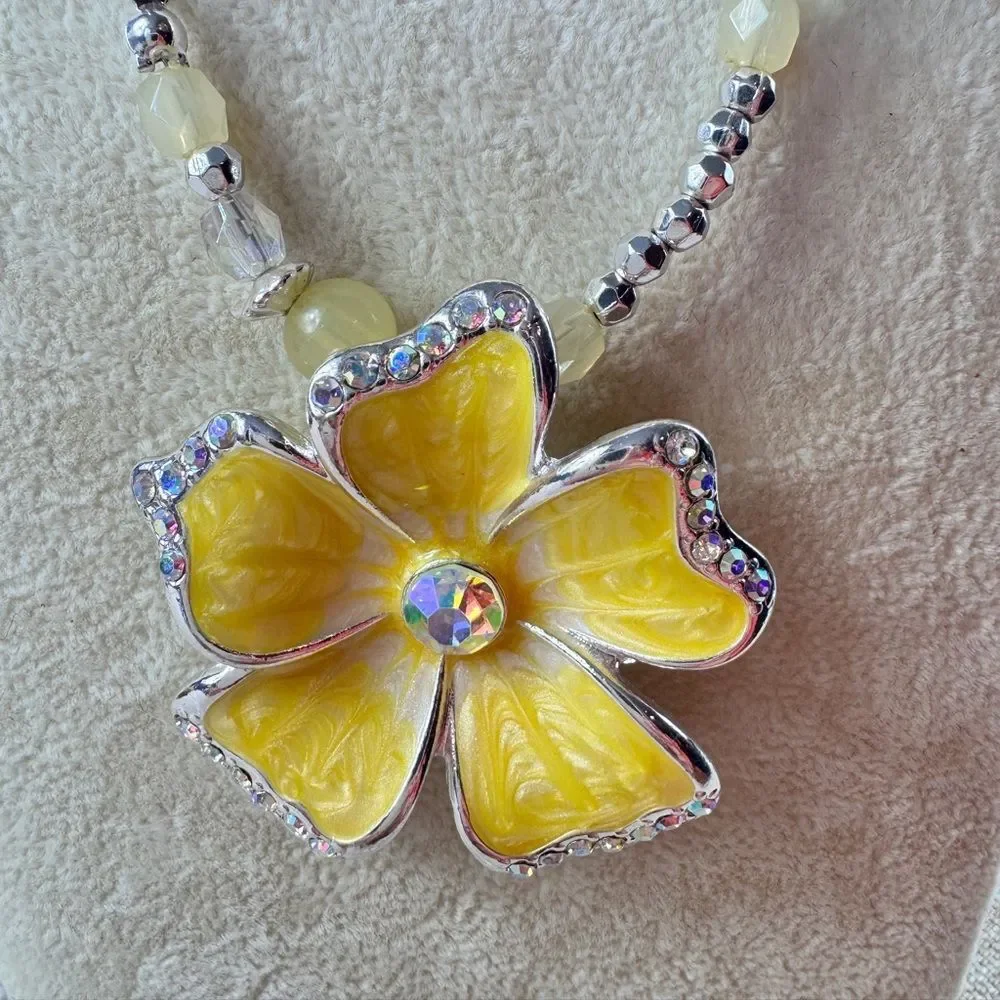 Yellow Rhinestone Flower Pendant Necklace